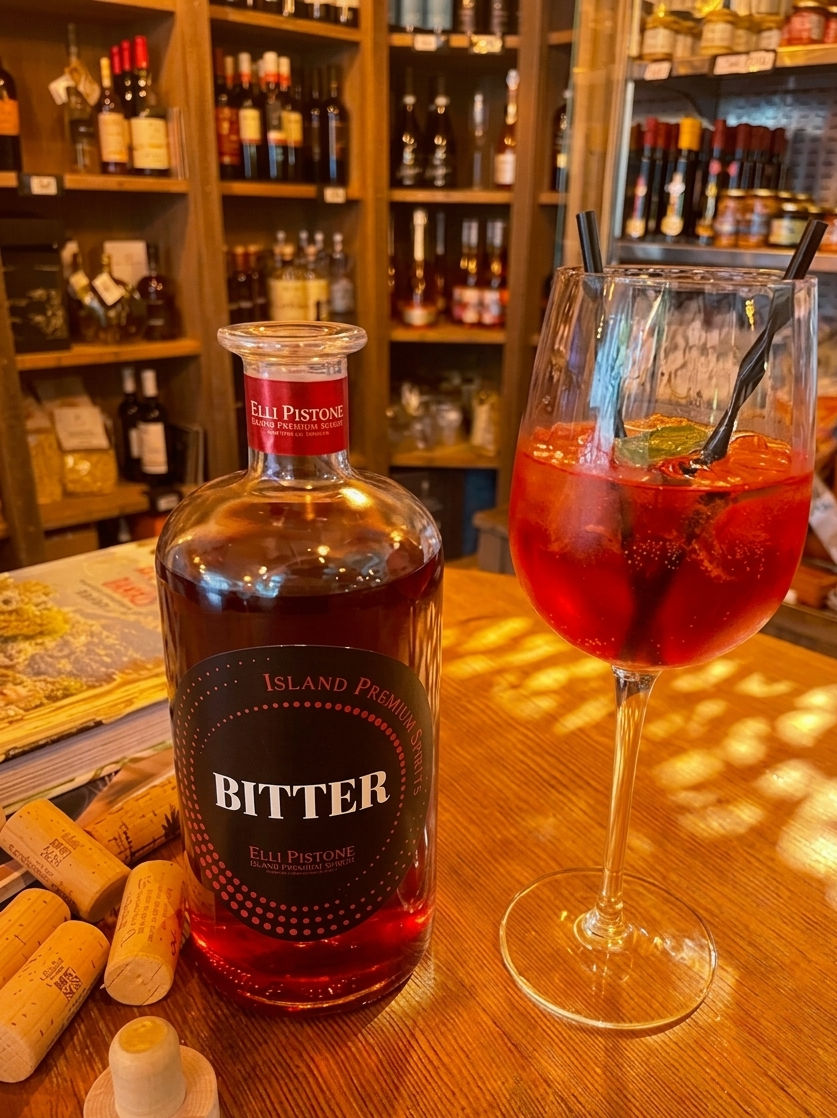 Eine Flasche Bitter von Fratelli Pistone und ein Glas Bitter-Spritz