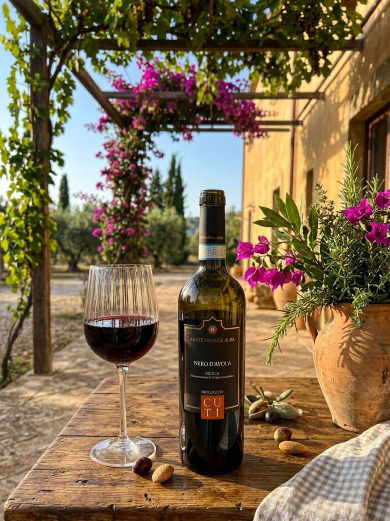 Direktimport aus Italien: Ein Glas und eine Flasche hochwertiger Rotwein unter einer herrliche Pergola
